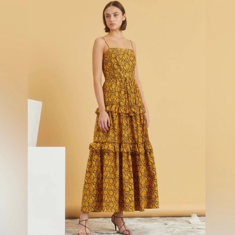 Nicholas Adele Dress Floral Golden Ruffle Tiered Size US 2